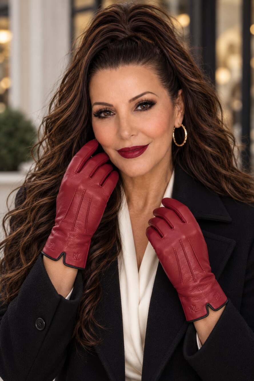 Lauren Ralph Lauren Women's Red Leather Gloves with RL Logo Debossing